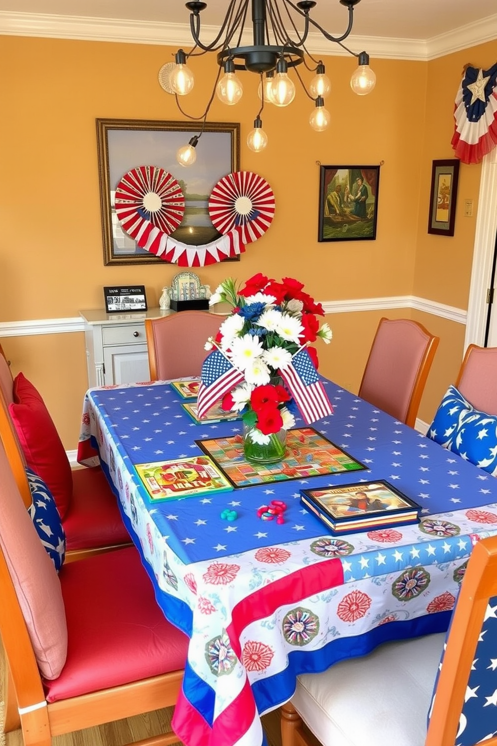 A vibrant dining room setting designed for tabletop games. The table is adorned with colorful game pieces and a cheerful tablecloth, surrounded by comfortable chairs that invite interaction. Labor Day decorations bring a festive atmosphere to the space. A centerpiece of fresh flowers in red, white, and blue hues complements the patriotic theme, while string lights hang overhead to enhance the celebratory mood.