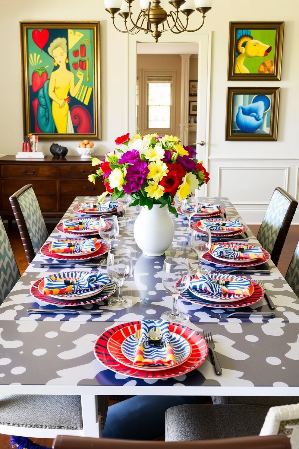 A stunning dining room featuring bold patterned tableware that adds visual interest to the setting. The table is elegantly set with vibrant plates and colorful napkins, surrounded by stylish chairs that complement the decor. The walls are adorned with tasteful artwork that echoes the colors of the tableware. A centerpiece of fresh flowers in a striking vase ties the whole look together, creating a warm and inviting atmosphere for Labor Day celebrations.