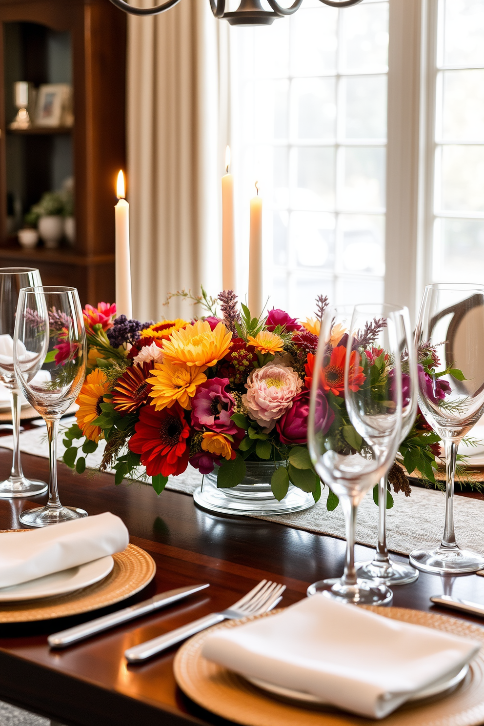 Elegant glassware for a refined touch. The table is set with crystal wine glasses and delicate champagne flutes, reflecting light beautifully. Labor Day Dining Room Decorating Ideas. The dining table is adorned with a vibrant centerpiece of seasonal flowers and rustic candles, creating a warm and inviting atmosphere.