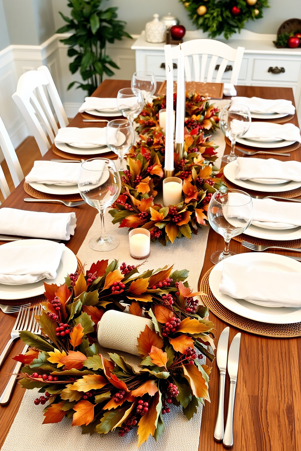 A beautifully set dining table adorned with seasonal wreaths as centerpieces. The wreaths are crafted from autumn leaves and berries, creating a warm and inviting atmosphere for a Labor Day gathering.