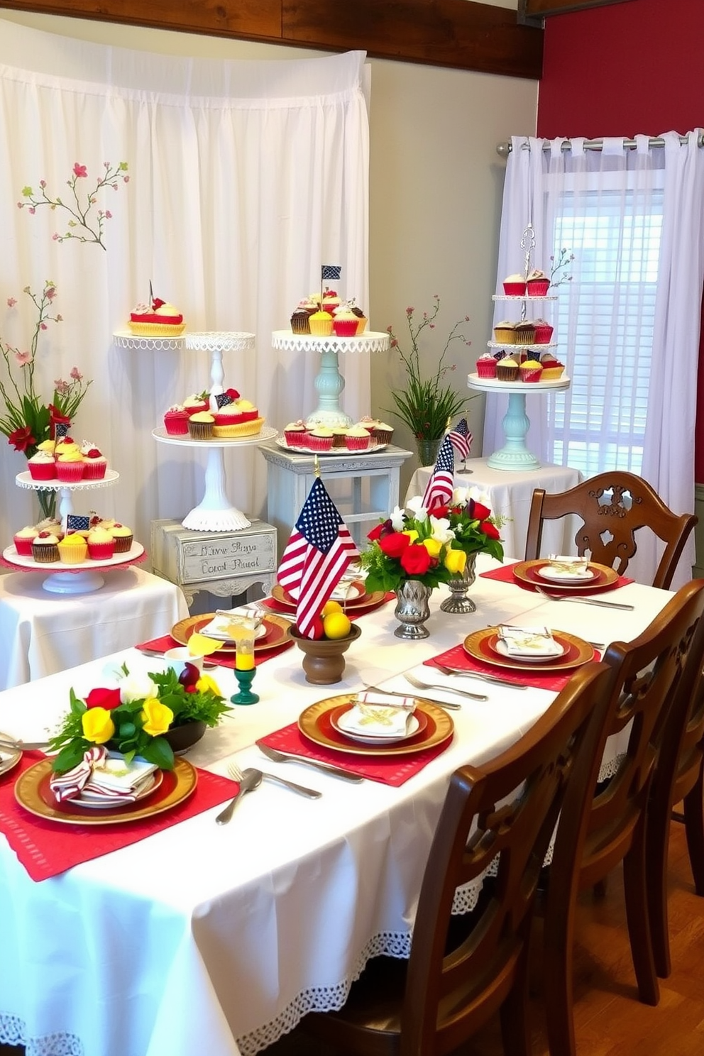 A whimsical dessert display featuring an assortment of colorful cupcakes and pastries arranged on elegant tiered stands. The backdrop includes soft pastel colors with delicate floral accents to enhance the festive atmosphere. A vibrant Labor Day dining room setting adorned with red, white, and blue table linens. The table is beautifully set with rustic dinnerware and seasonal centerpieces, creating a warm and inviting space for family gatherings.