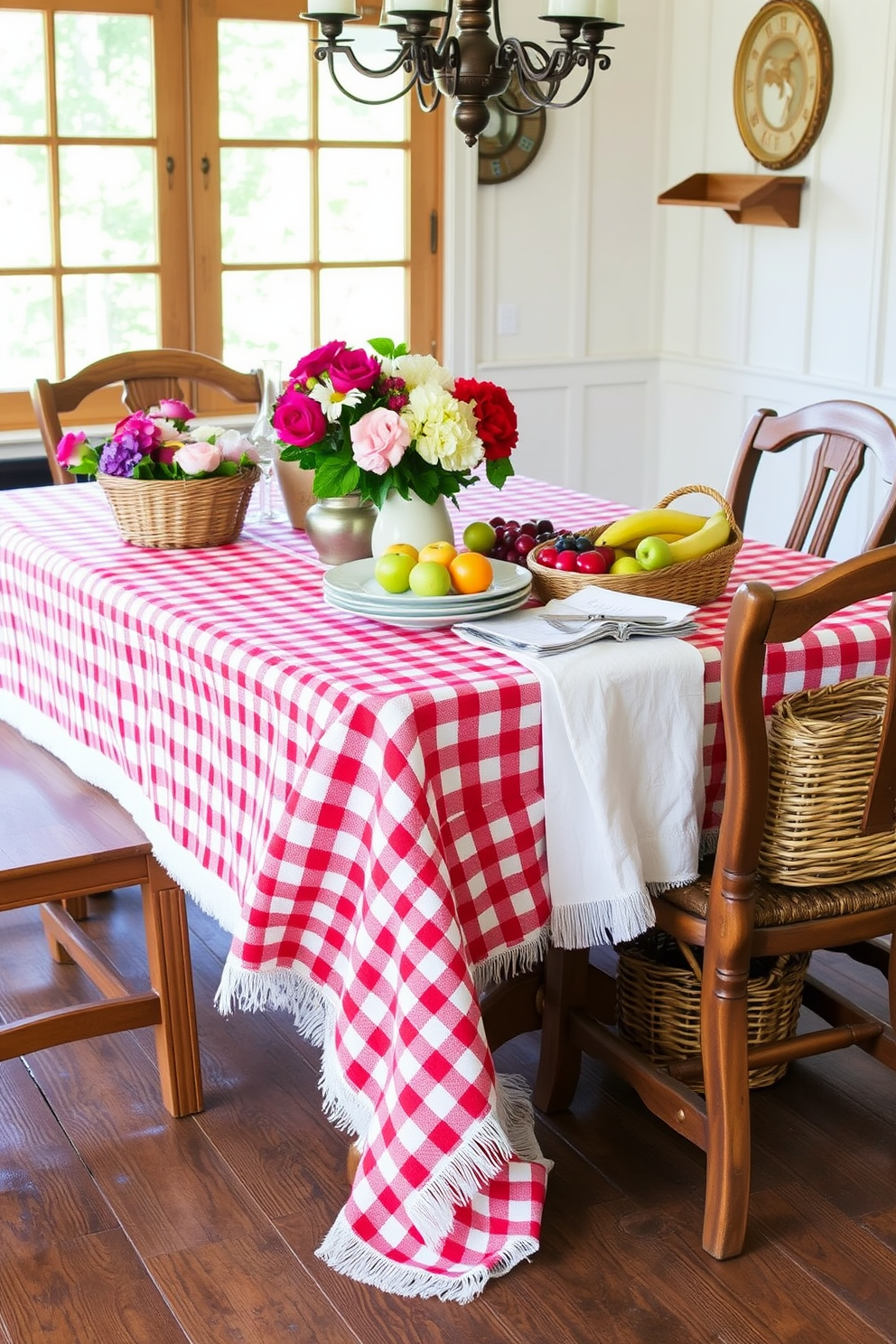 A charming picnic style dining room features a vibrant tablecloth adorned with a classic checkered pattern draped over a rustic wooden table. Surrounding the table are woven baskets filled with fresh fruits and flowers, creating a warm and inviting atmosphere for Labor Day celebrations.