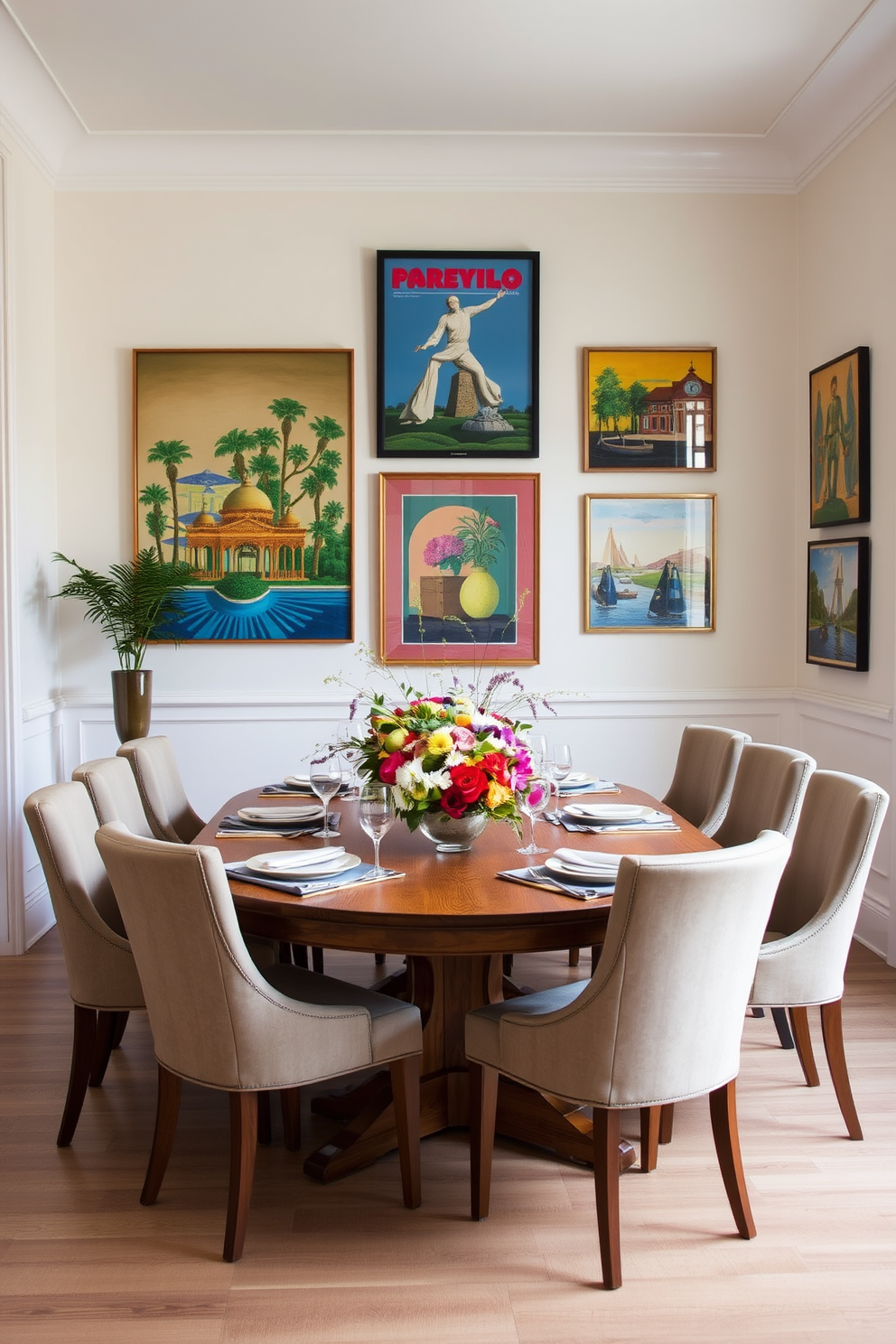 A stylish dining room featuring a large wooden table surrounded by upholstered chairs in a warm neutral tone. The walls are adorned with vibrant local artwork that adds a personal touch and creates a lively atmosphere. A centerpiece of fresh seasonal flowers sits on the table, complemented by elegant tableware and soft ambient lighting. The room is painted in a light, inviting color that enhances the overall warmth and charm of the space.