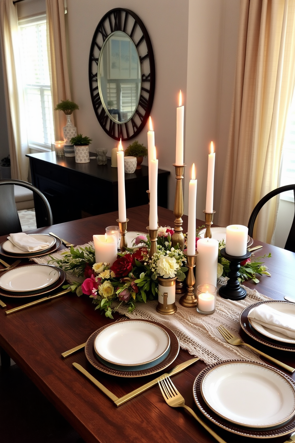 Elegant candle arrangements for soft lighting. A collection of various-sized candles is artfully arranged on a sleek wooden dining table, casting a warm glow across the room. Labor Day Dining Room Decorating Ideas. The table is set with a rustic table runner adorned with seasonal flowers, complemented by vintage-inspired dinnerware and gold cutlery.