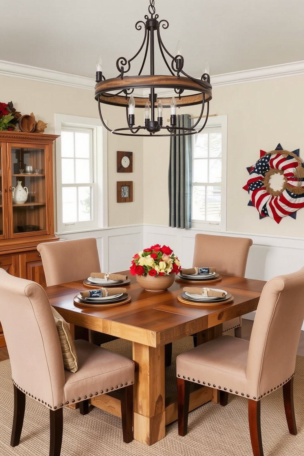 A Labor Day dining room setting featuring natural wood accents that create a warm and inviting atmosphere. The table is crafted from reclaimed wood and is surrounded by upholstered chairs in soft earth tones. Above the table, a rustic chandelier made of wrought iron and wood provides ambient lighting. The walls are adorned with seasonal decorations in shades of red, white, and blue, celebrating the Labor Day theme.