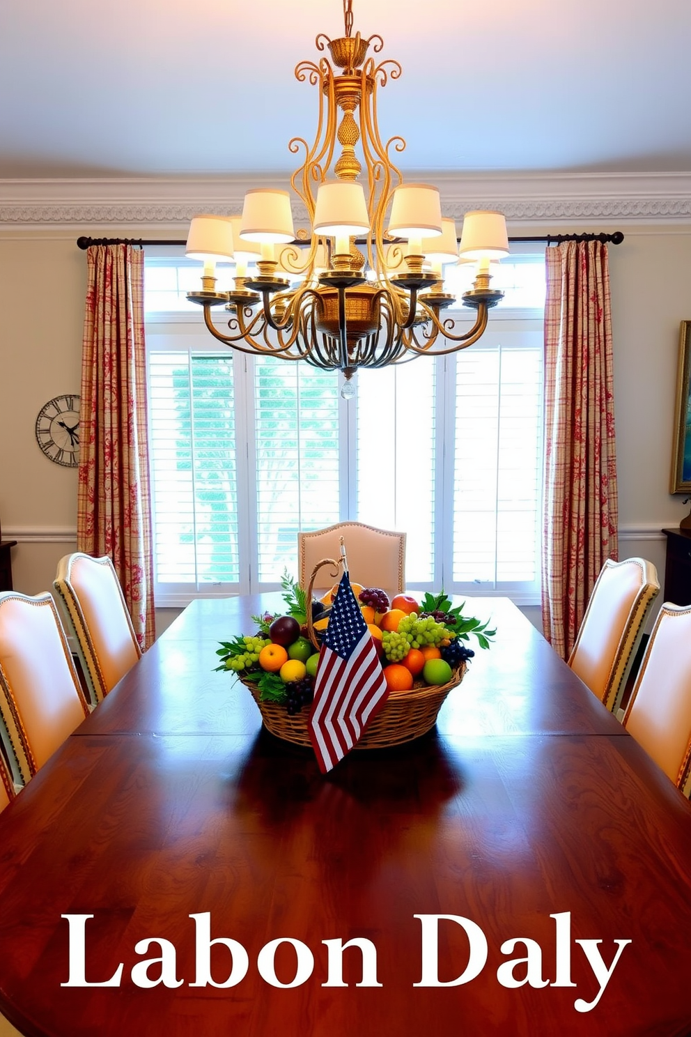 A vibrant dining room setting featuring a large wooden table adorned with a seasonal fruit centerpiece. The centerpiece includes an array of colorful fruits such as apples, oranges, and grapes, beautifully arranged in a rustic wicker basket. The table is surrounded by elegant upholstered chairs in a soft cream color. Above the table, a statement chandelier casts a warm glow, enhancing the festive atmosphere of the Labor Day celebration.