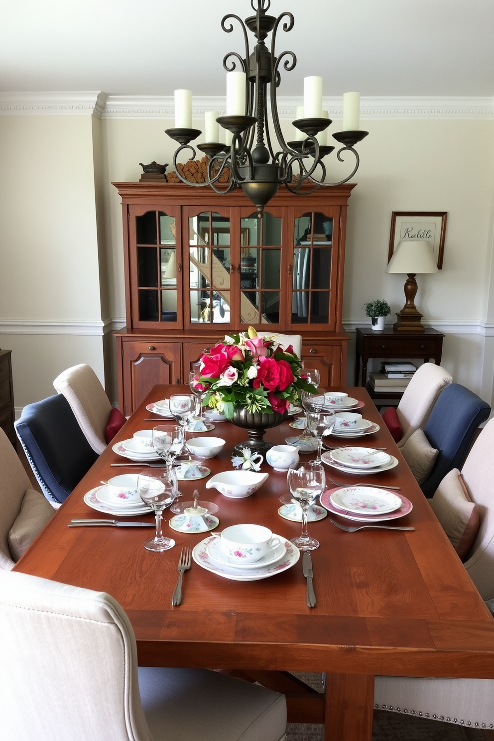 A charming dining room setting featuring a large wooden table adorned with a mix of vintage dishware styles. The table is set with floral patterned plates, mismatched glassware, and rustic cutlery, creating a warm and inviting atmosphere. Surrounding the table are comfortable upholstered chairs in various fabrics, each adding character to the space. Soft lighting from an elegant chandelier above enhances the cozy ambiance, while a centerpiece of seasonal flowers brings a touch of nature indoors.