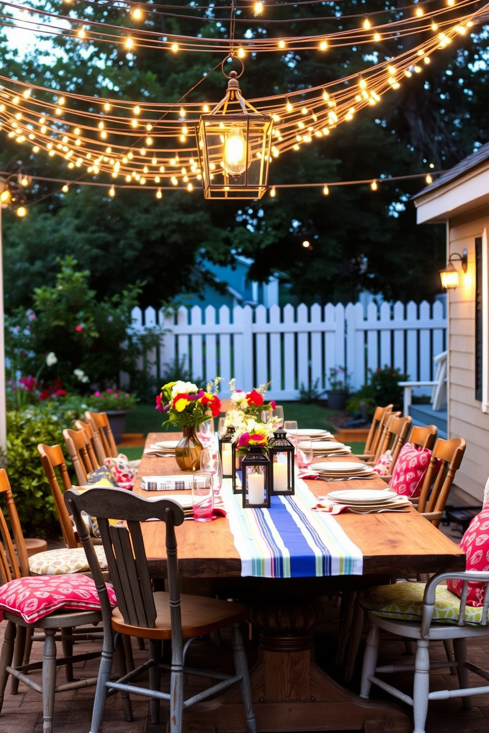 A charming outdoor dining area is set under a canopy of string lights that twinkle softly in the evening breeze. A long wooden table is adorned with a vibrant tablecloth, surrounded by mismatched chairs and colorful cushions for added comfort. The table is beautifully arranged with seasonal flowers in rustic vases and elegant dinnerware. Lanterns and candles flicker gently, creating a warm and inviting atmosphere perfect for a Labor Day celebration.