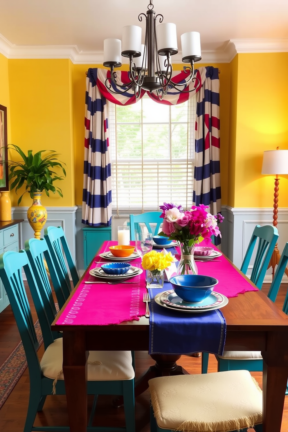 A vibrant dining room adorned with bright table runners that add a festive touch. The table is set with colorful dishes and fresh flowers, creating a cheerful atmosphere for Labor Day celebrations.