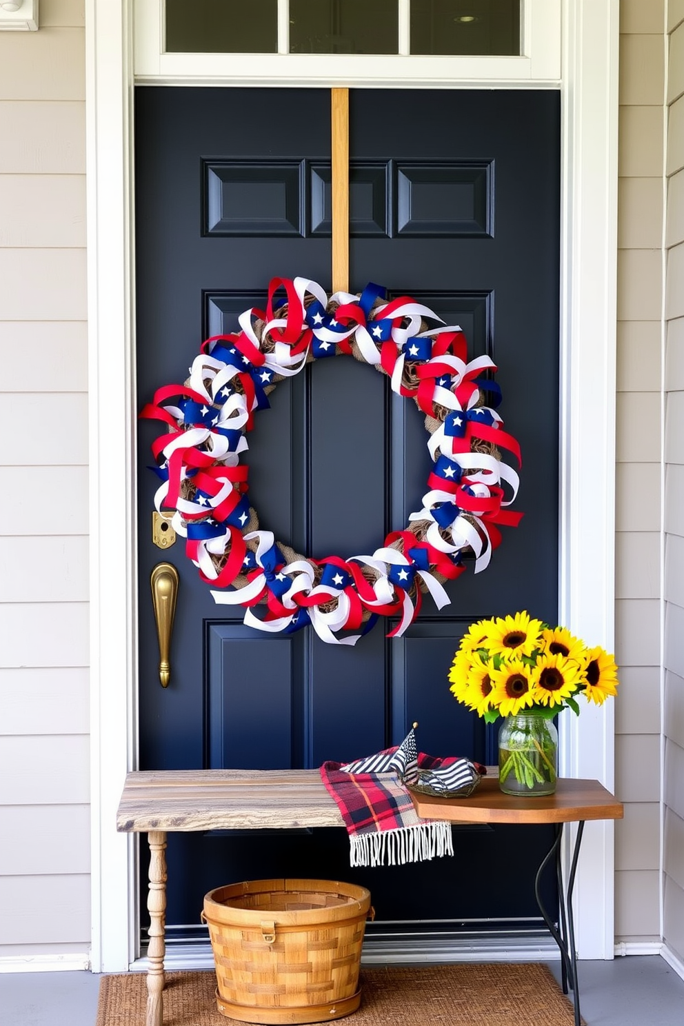 A patriotic wreath adorned with red white and blue ribbons hangs proudly on the front door creating a warm welcome. The entryway features a rustic bench with a plaid throw blanket and a small table displaying a vase of fresh sunflowers.