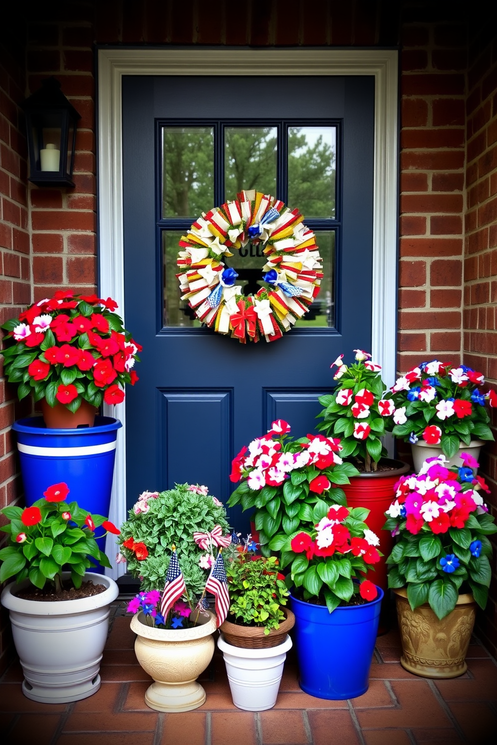 A vibrant entryway adorned with potted plants in various sizes. The plants feature lush green foliage with bursts of red white and blue flowers to celebrate Labor Day.