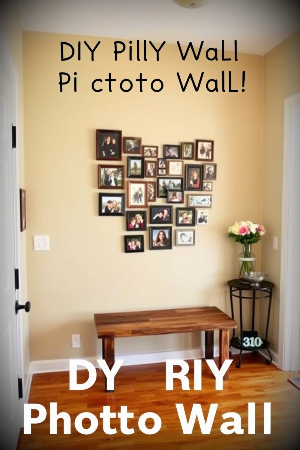 A cozy entryway adorned with a DIY photo wall showcasing family memories. The wall features a mix of framed pictures in various sizes, arranged in a heart shape, with a rustic bench below for seating. To the side, a small console table holds a vase of fresh flowers and a decorative bowl for keys. The walls are painted a soft beige, complemented by a warm wooden floor that invites guests into the home.