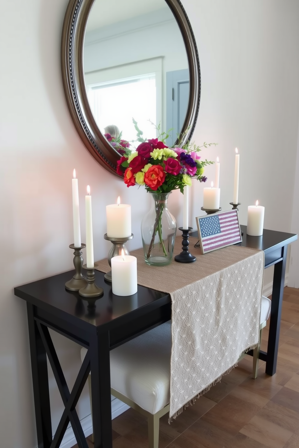 Chic entryway table with candles. The table is adorned with a stylish runner and features an array of elegant candles in varying heights, creating a warm and inviting atmosphere. Labor Day Entryway Decorating Ideas. Fresh seasonal flowers in a vibrant vase complement the table, while decorative accents like a small flag or themed artwork add a festive touch.