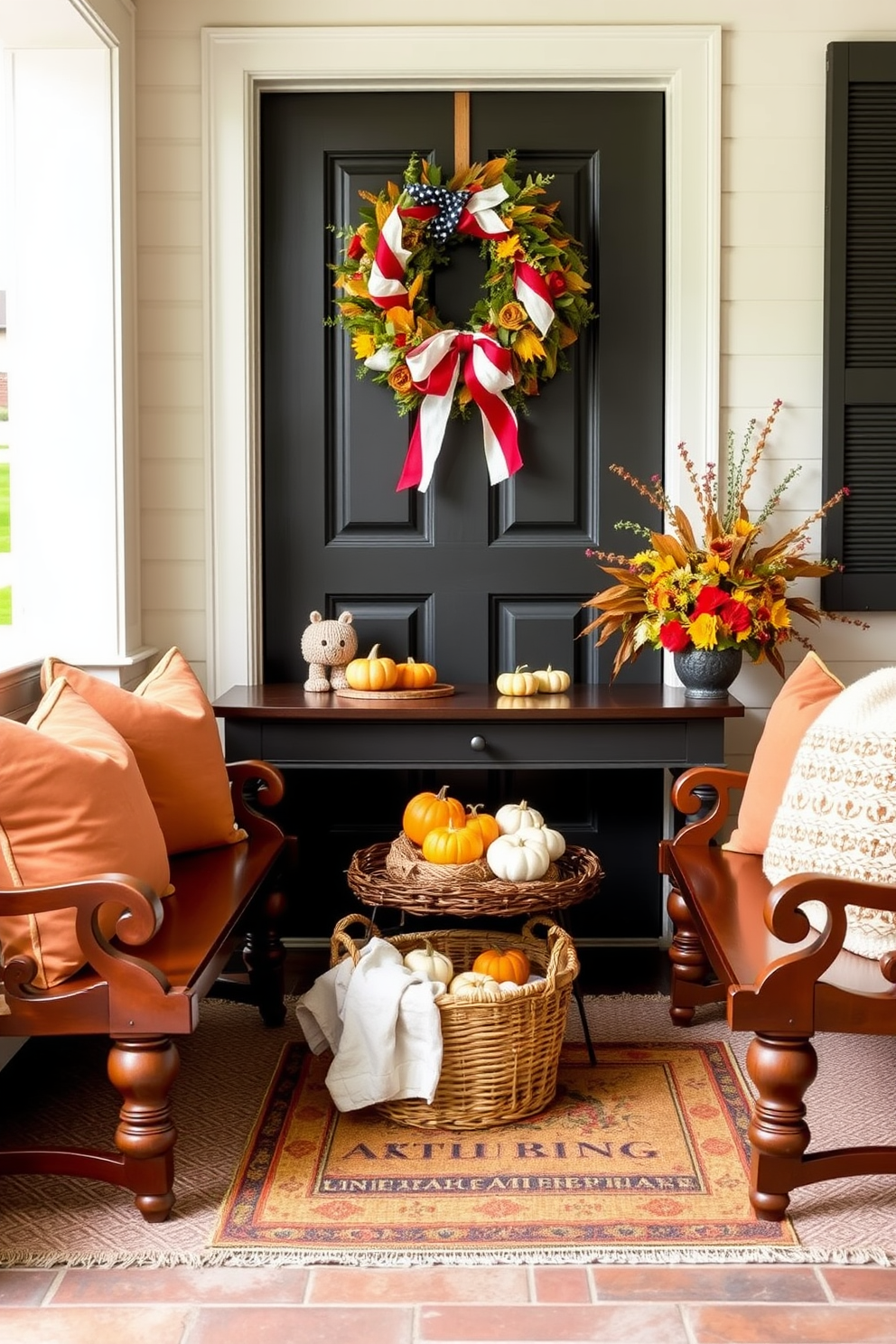 Seasonal throw pillows in warm autumn colors are arranged on a pair of elegant wooden benches. The entryway features a stylish console table adorned with small pumpkins and a cozy woven basket for added texture. Labor Day decorations include a patriotic theme with red, white, and blue accents. A welcoming wreath made of seasonal foliage hangs on the door, complemented by a cheerful welcome mat at the entrance.