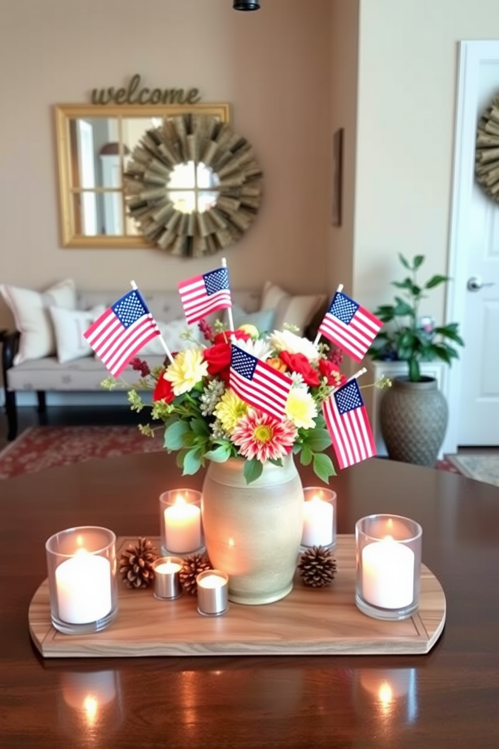 A stylish table centerpiece featuring mini flags representing Labor Day. The arrangement includes a mix of seasonal flowers in a rustic vase surrounded by small decorative elements like candles and pinecones. An inviting entryway decorated with a warm color palette and subtle patriotic touches. The space features a welcoming bench, a statement mirror, and seasonal decor that reflects the spirit of Labor Day.