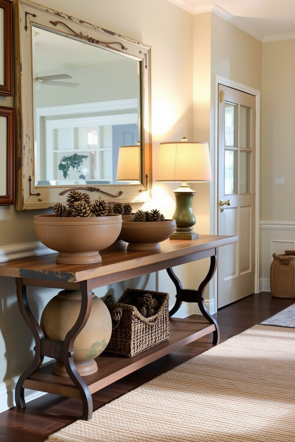 Decorative bowls filled with pinecones are arranged on a rustic wooden console table in a warmly lit entryway. The walls are adorned with seasonal artwork, and a cozy woven rug welcomes guests as they enter. A large mirror with a distressed frame reflects the natural elements, enhancing the inviting atmosphere. Soft, ambient lighting from a vintage-style lamp casts a gentle glow, creating a perfect setting for Labor Day celebrations.