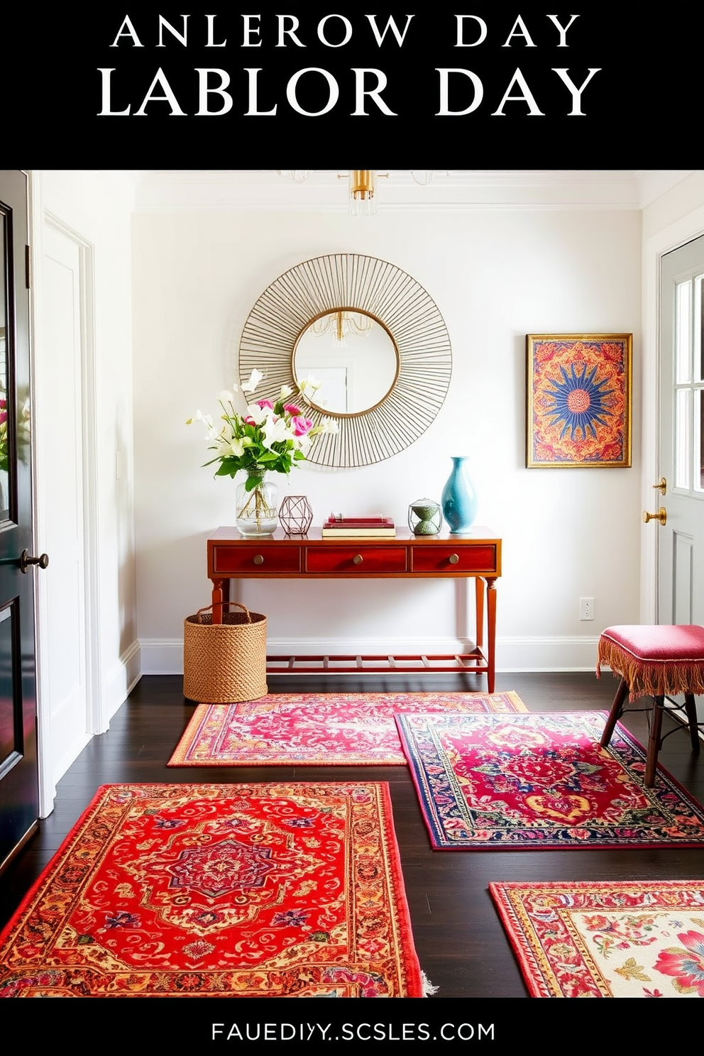 A vibrant entryway adorned with colorful rugs that instantly brighten the space. The rugs feature intricate patterns in various hues, creating a welcoming atmosphere for guests. Stylish decor elements complement the rugs, including a chic console table and a statement mirror. Fresh flowers in a vase add a touch of elegance, enhancing the overall charm of the Labor Day theme.