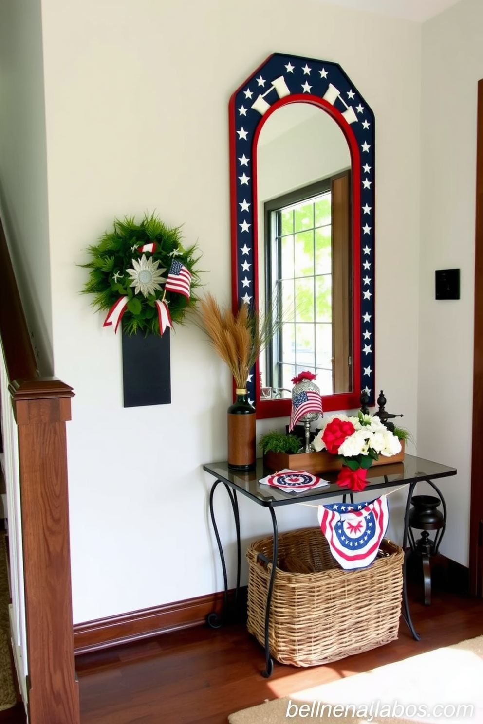 A welcoming entryway features a large mirror framed in a patriotic design showcasing red white and blue colors. The space is adorned with seasonal decorations celebrating Labor Day including a small table with a rustic centerpiece and a woven basket filled with fresh flowers.