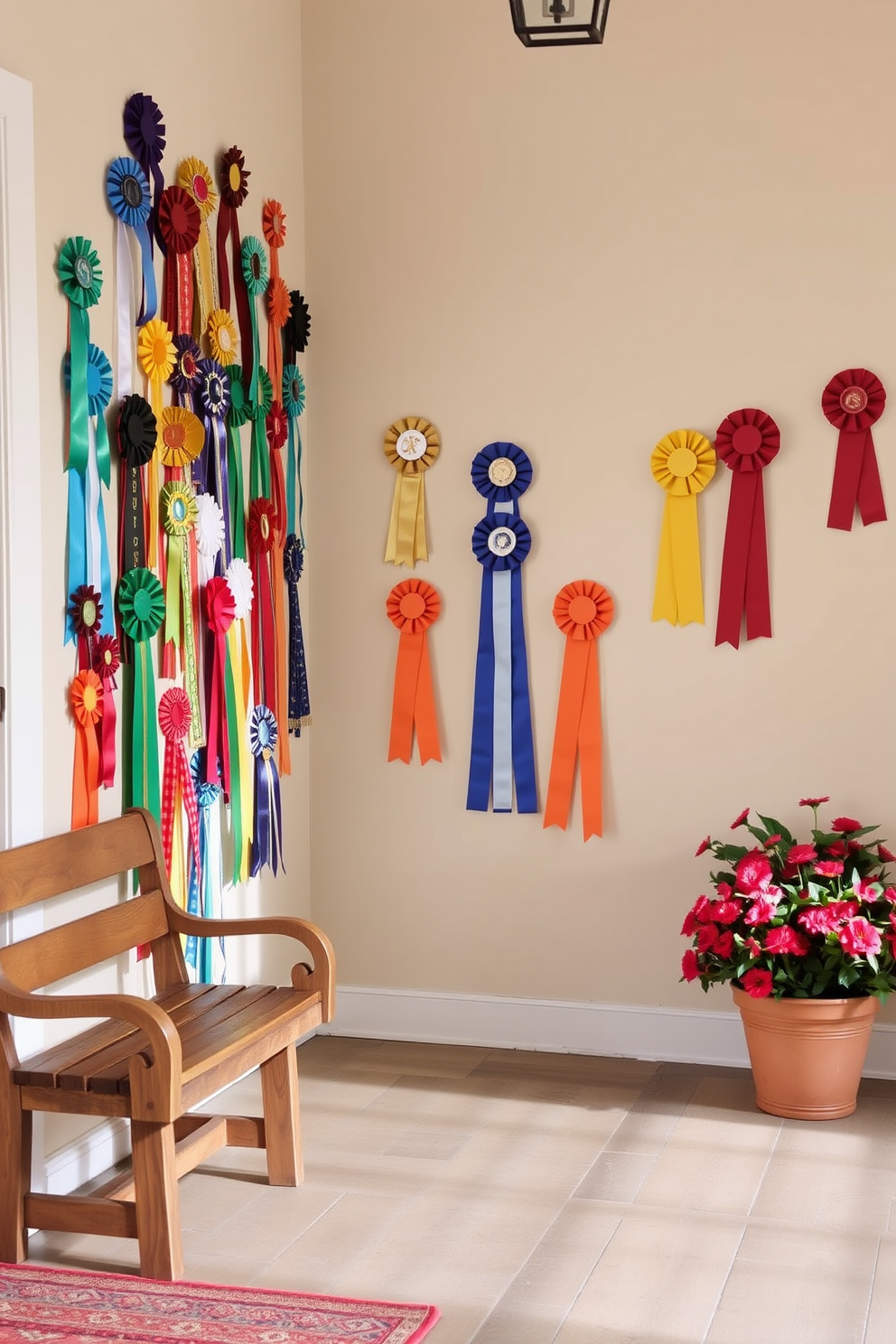 A collection of handmade prize ribbons in various colors and patterns adorns the walls of a welcoming entryway. The ribbons are artfully arranged to create a festive atmosphere, complemented by a rustic wooden bench and a vibrant potted plant nearby.