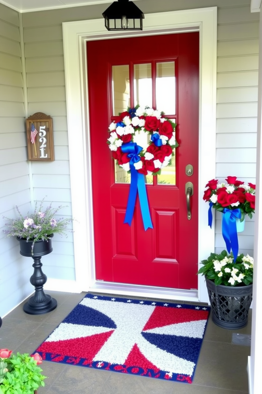 A vibrant entryway featuring a red white and blue welcome mat that sets a festive tone for Labor Day celebrations. The space is adorned with patriotic decorations including a wreath made of red and white flowers and blue ribbons hanging on the door.