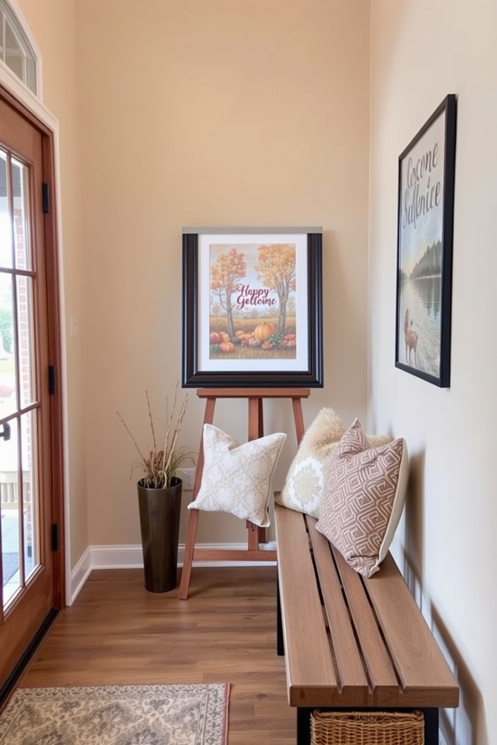 Seasonal artwork displayed on a tall easel greets visitors in a bright entryway. The walls are adorned with warm autumn colors, and a cozy bench with decorative pillows provides a welcoming touch.