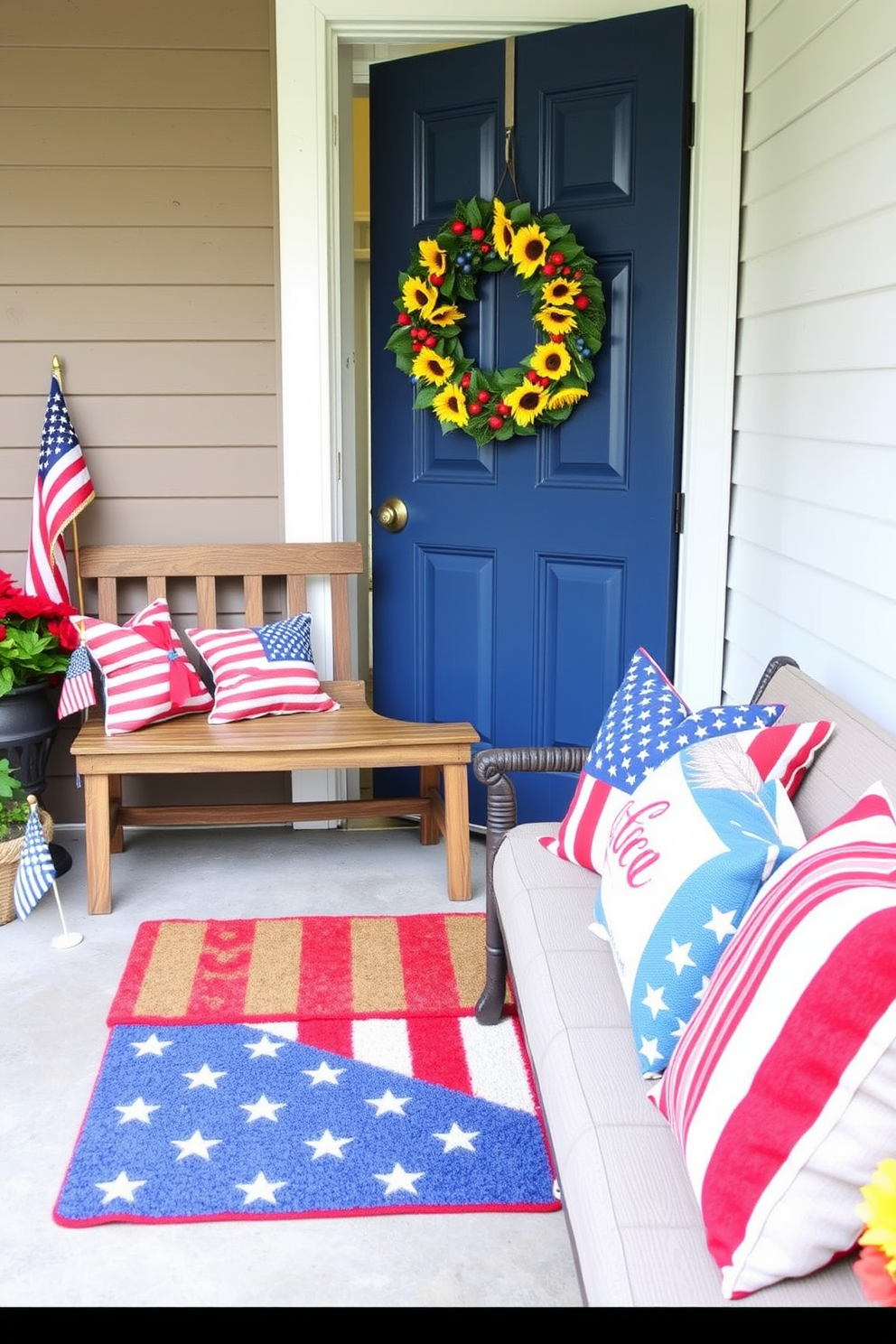 A patriotic themed door mat welcomes guests with vibrant red white and blue colors featuring stars and stripes. The entryway is adorned with seasonal decorations such as small American flags and a rustic wooden bench for a cozy touch. Labor Day decorations include a cheerful wreath made of sunflowers and red berries hung on the door. The space is complemented by a comfortable seating area with throw pillows in patriotic hues inviting relaxation and celebration.