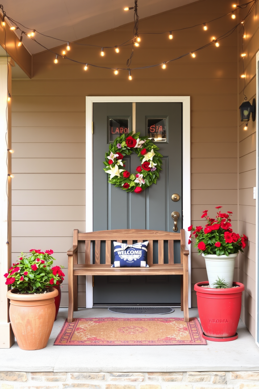 Create a warm and inviting entryway adorned with string lights that gracefully hang from the ceiling. The lights cast a soft glow, illuminating a rustic wooden bench placed against the wall, complemented by vibrant potted plants on either side. Incorporate Labor Day themed decorations, such as red, white, and blue accents, to celebrate the holiday. A welcoming wreath made of seasonal flowers can be hung on the door, adding a festive touch to the overall design.