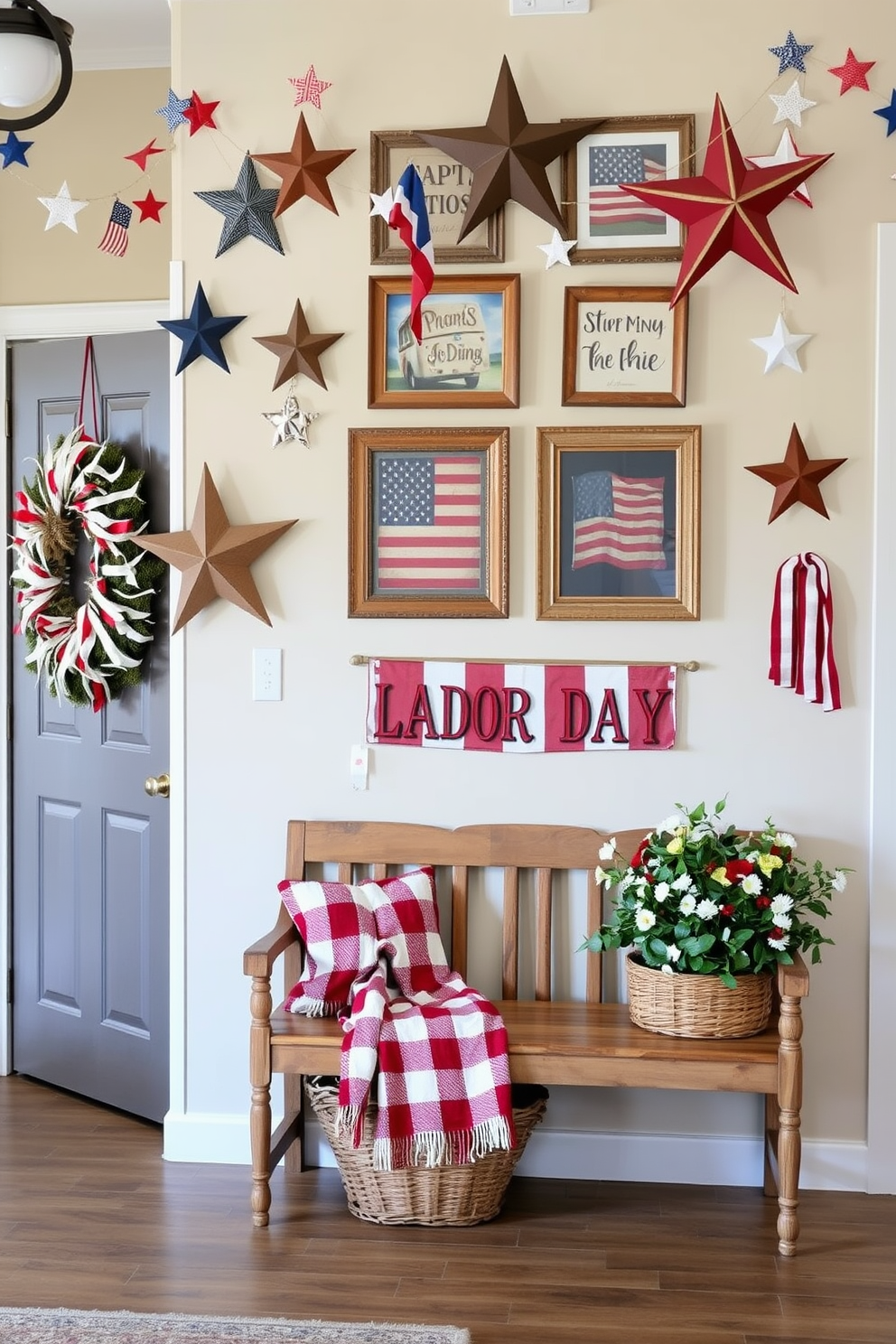 A welcoming entryway adorned with hanging stars and stripes decor to celebrate Labor Day. The walls are painted in a soft beige, and a rustic wooden bench is placed against the wall, decorated with a red and white plaid throw. A large woven basket filled with seasonal flowers sits beside the bench, adding a touch of color. Above the bench, a collection of framed patriotic artwork hangs, creating a cozy and festive atmosphere.