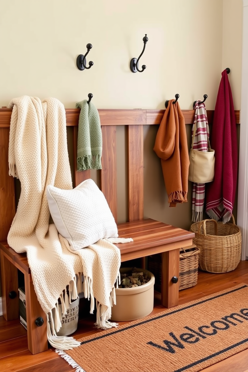 A charming entryway features a rustic wooden bench adorned with cozy blankets in soft hues. The space is enhanced by a warm welcome mat and decorative wall hooks for hanging hats and bags.