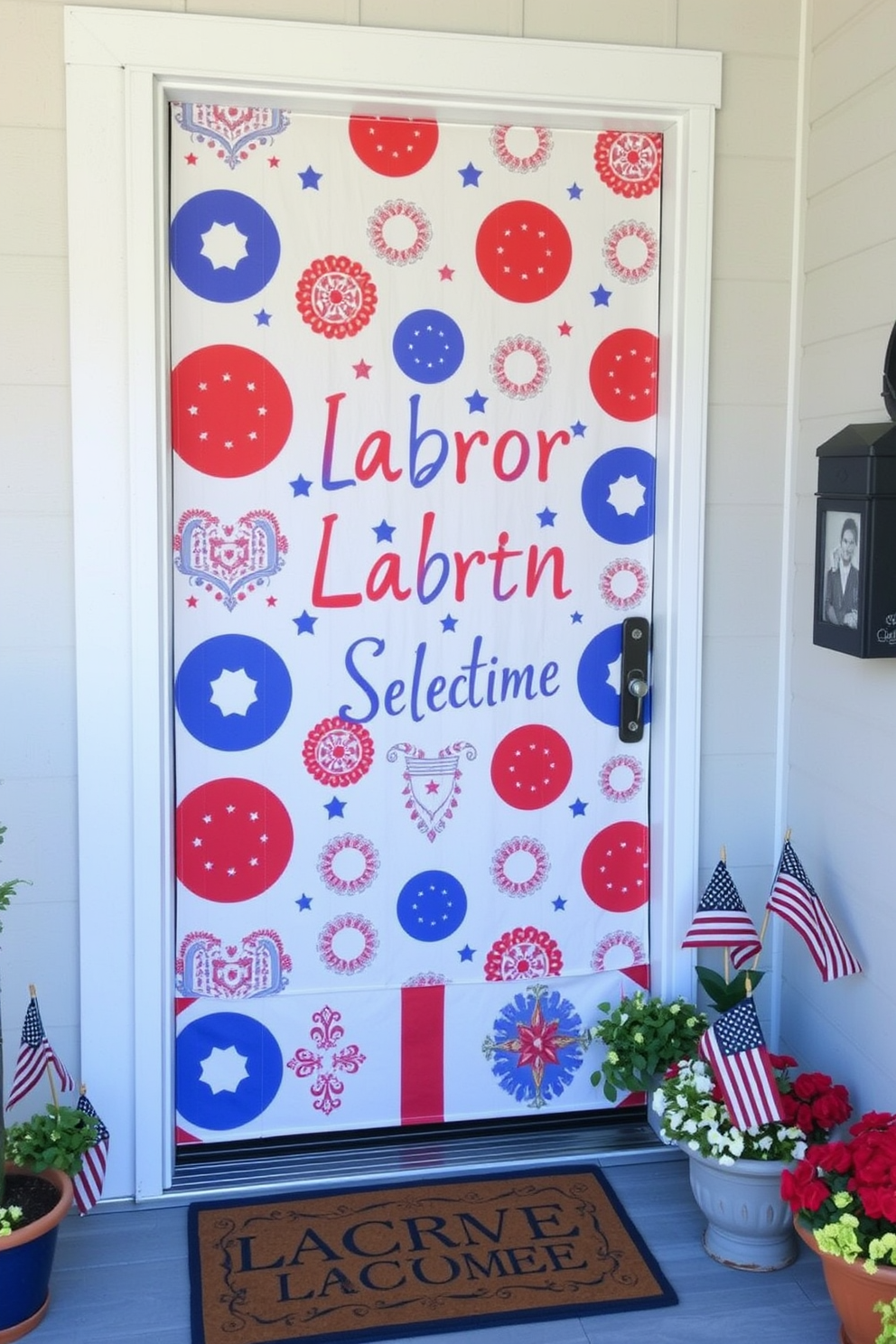 A festive door cover adorned with vibrant red, white, and blue patterns welcomes guests with a cheerful atmosphere. The entryway features decorative elements like small American flags and seasonal flowers in pots to enhance the Labor Day theme.