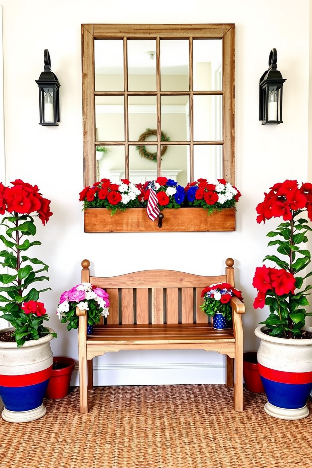 A vibrant entryway adorned with red, white, and blue flower pots welcomes guests with a festive touch. The pots are arranged symmetrically on either side of a charming wooden bench, creating a balanced and inviting atmosphere. Above the bench, a rustic mirror reflects the colorful blooms, enhancing the space's brightness. The walls are painted in a soft cream color, and a woven rug adds warmth underfoot, completing the look for Labor Day celebrations.