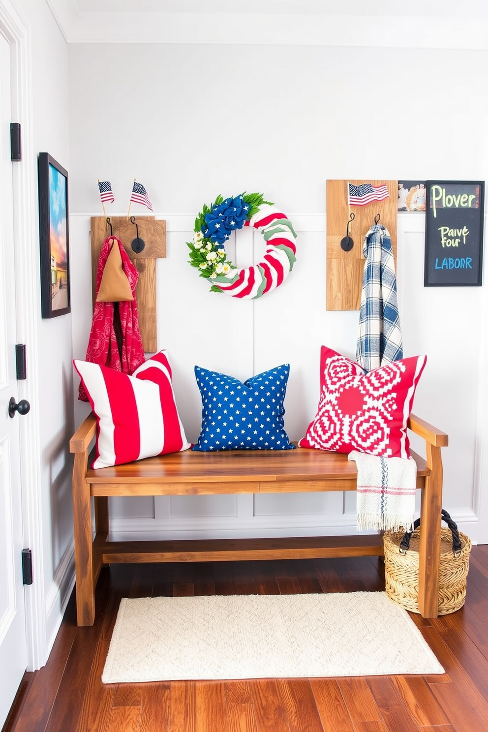 A welcoming entryway features a rustic wooden bench paired with stylish hooks for hats and bags. The walls are adorned with vibrant artwork and a soft rug adds warmth to the space. For Labor Day, the entryway is decorated with seasonal accents like small American flags and a cheerful wreath. Brightly colored throw pillows on the bench enhance the festive atmosphere.