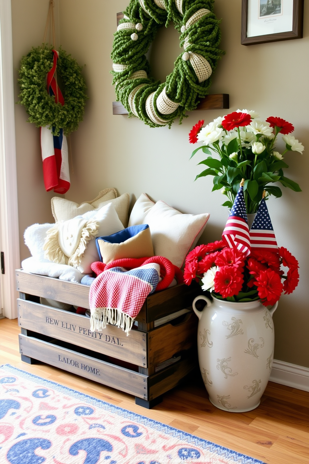 A decorative wooden crate is placed in the entryway, serving as both a stylish storage solution and a charming accent piece. It is filled with cozy blankets and seasonal decor, inviting guests to feel at home. The entryway features a warm color palette with accents of red, white, and blue to celebrate Labor Day. Fresh flowers in a vase and a small American flag add a festive touch, creating a welcoming atmosphere.