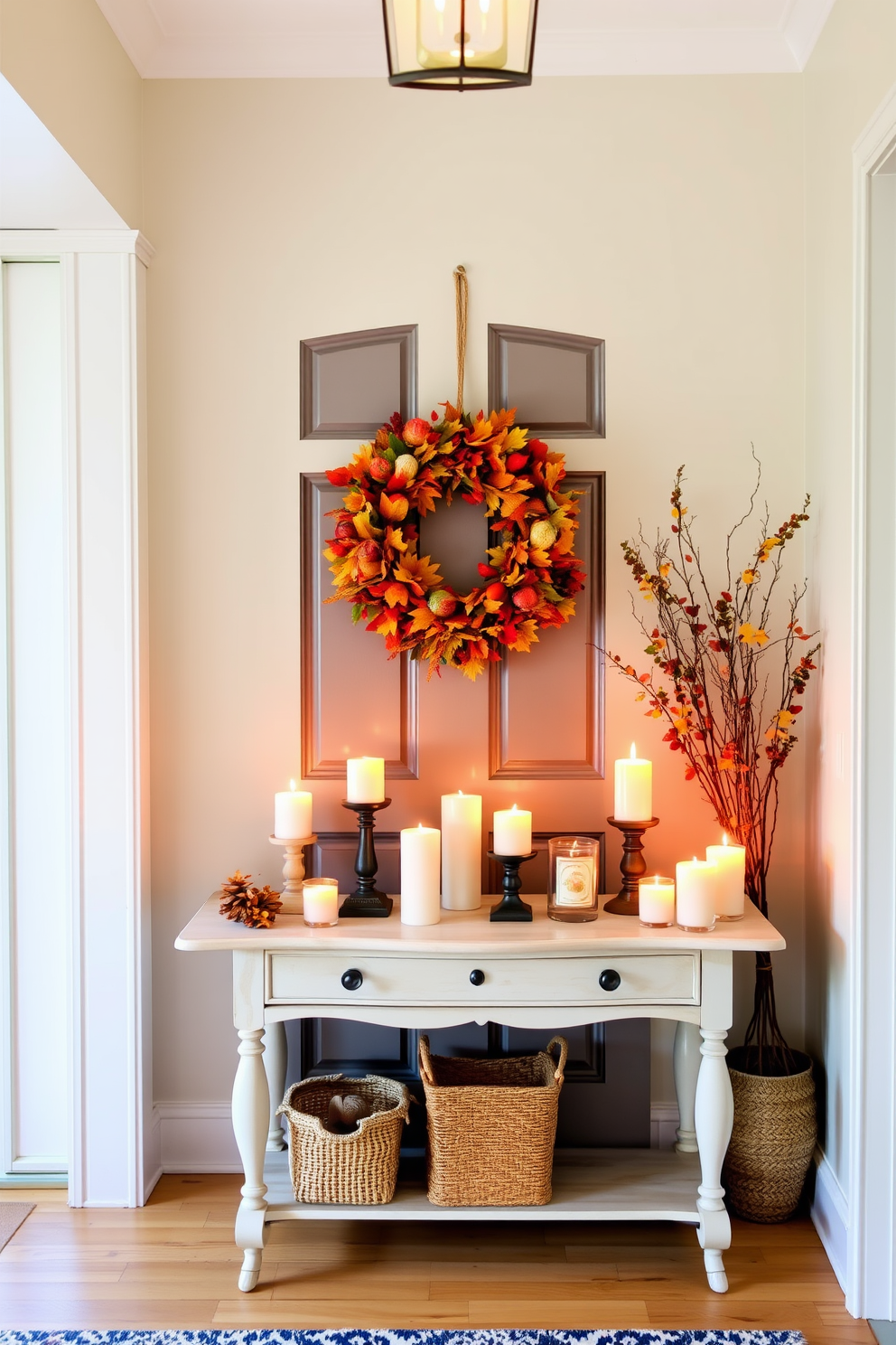 A welcoming entryway adorned with seasonal scented candles creating a warm ambiance. The candles are arranged on a stylish console table, complemented by a vibrant autumn wreath hanging on the door.