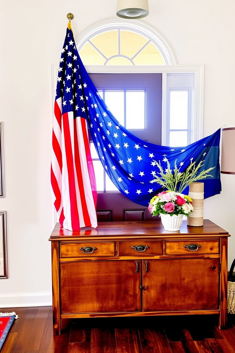 A welcoming entryway adorned with a vibrant American flag banner, elegantly draped across the doorway. The space features a rustic wooden console table, decorated with seasonal flowers and a small potted plant, creating a festive atmosphere for Labor Day celebrations.