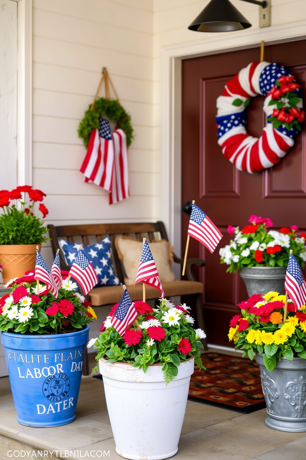 Miniature flags are placed in vibrant potted plants that add a festive touch to the entryway. The entryway features a welcoming atmosphere with a rustic bench and a colorful wreath hanging on the door. Labor Day decorations include red white and blue accents throughout the space. A cheerful display of seasonal flowers and themed decor creates a sense of celebration as guests enter.