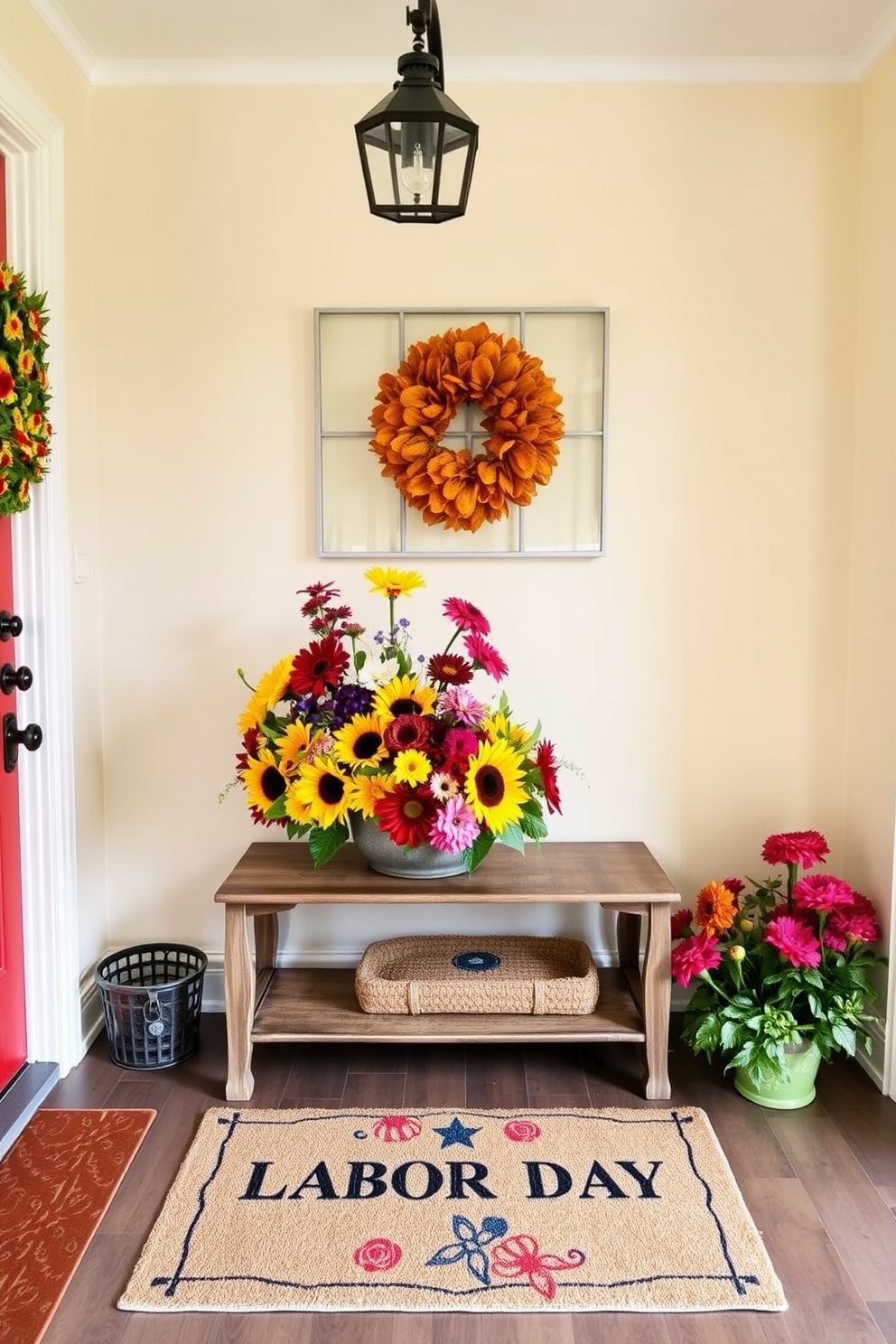 A welcoming entryway adorned with seasonal flowers in vibrant colors. A cheerful arrangement of sunflowers, dahlias, and zinnias sits in a rustic vase on a console table. The walls are painted in a soft cream hue, enhancing the bright floral display. A stylish welcome mat with a Labor Day theme lays at the entrance, inviting guests into the home.