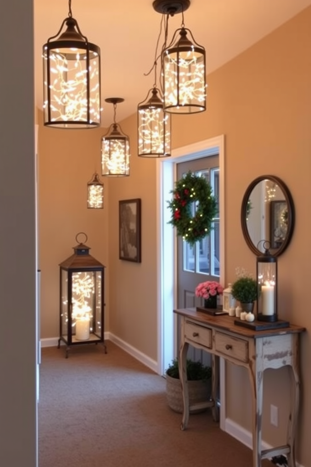 A charming entryway adorned with decorative lanterns filled with twinkling fairy lights. The warm glow of the lights creates a welcoming atmosphere, inviting guests to step inside and enjoy the festive ambiance. To the side, a rustic console table displays seasonal decorations and a small bouquet of fresh flowers. The walls are painted in a soft beige, enhancing the cozy and inviting feel of the space.