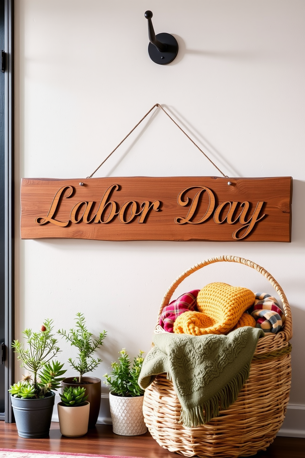 A rustic wooden sign hangs prominently in the entryway, featuring the words Labor Day carved in an elegant font. Surrounding the sign are seasonal decorations, including small potted plants and a cozy woven basket filled with colorful throw blankets.