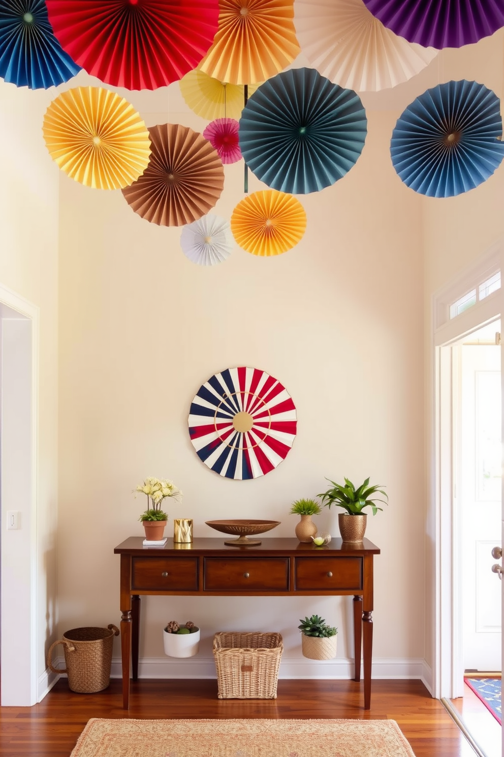 A vibrant entryway features colorful paper fans hanging from the ceiling, creating a festive atmosphere. The walls are painted in a light neutral tone, allowing the fans to stand out as a cheerful focal point. A welcoming console table is adorned with seasonal decorations, including small potted plants and a decorative bowl. Soft lighting illuminates the space, enhancing the inviting feel of the Labor Day celebration.