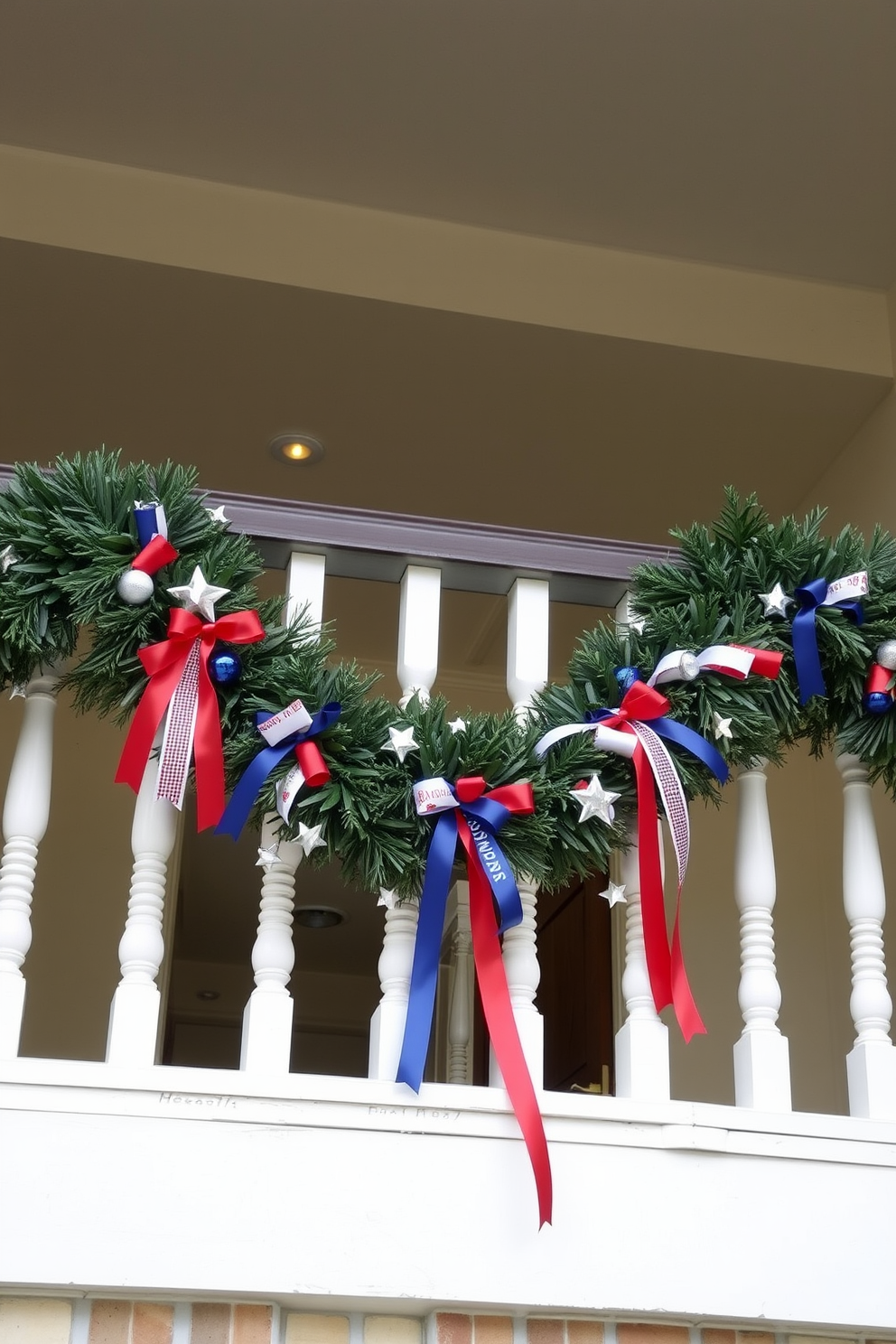 A festive garland is elegantly draped over the entryway railing, adorned with vibrant red and blue accents to celebrate Labor Day. The garland is complemented by small decorative stars and ribbons, creating a welcoming atmosphere for guests.