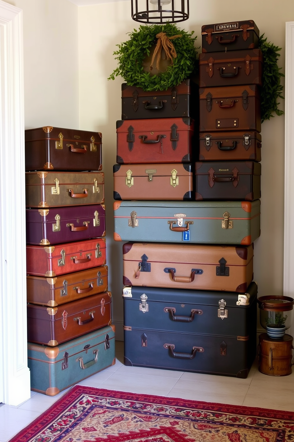 A charming entryway adorned with vintage suitcases stacked artfully in a corner. The suitcases are in varying sizes and colors, creating a nostalgic and inviting atmosphere.