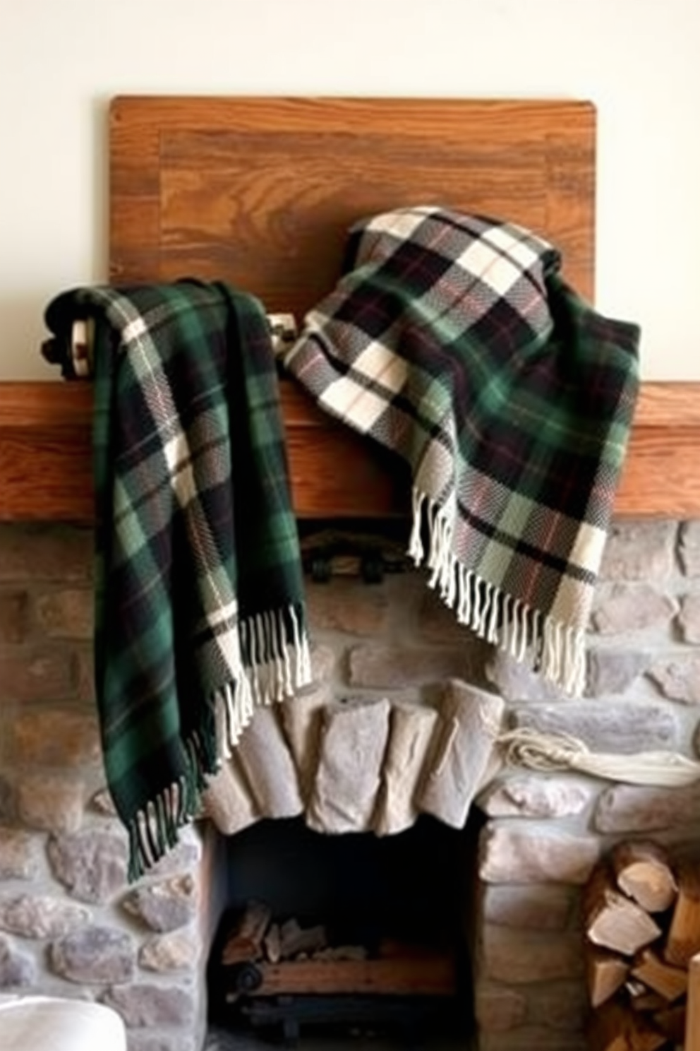 Cozy plaid blankets are elegantly draped over a rustic wooden mantel, creating a warm and inviting atmosphere. The fireplace below features a traditional stone surround, with logs neatly stacked to one side, enhancing the seasonal charm.