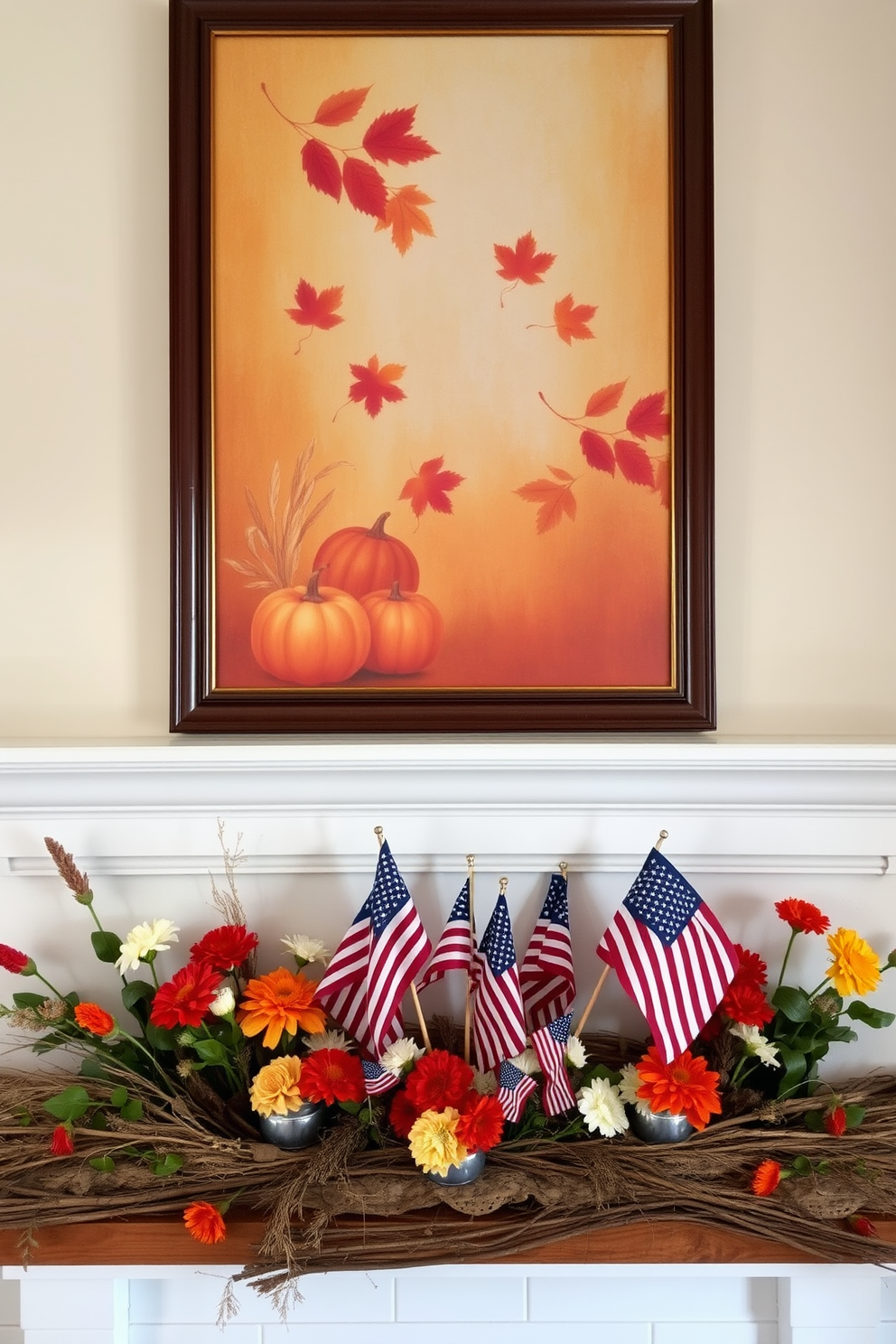 Charming fall-themed artwork is displayed above the mantel, featuring warm hues of orange, red, and gold. The artwork captures the essence of autumn with leaves and pumpkins, creating a cozy atmosphere. Labor Day decorations adorn the fireplace, showcasing festive elements like miniature flags and seasonal flowers. The arrangement combines natural textures with vibrant colors, enhancing the inviting ambiance of the room.