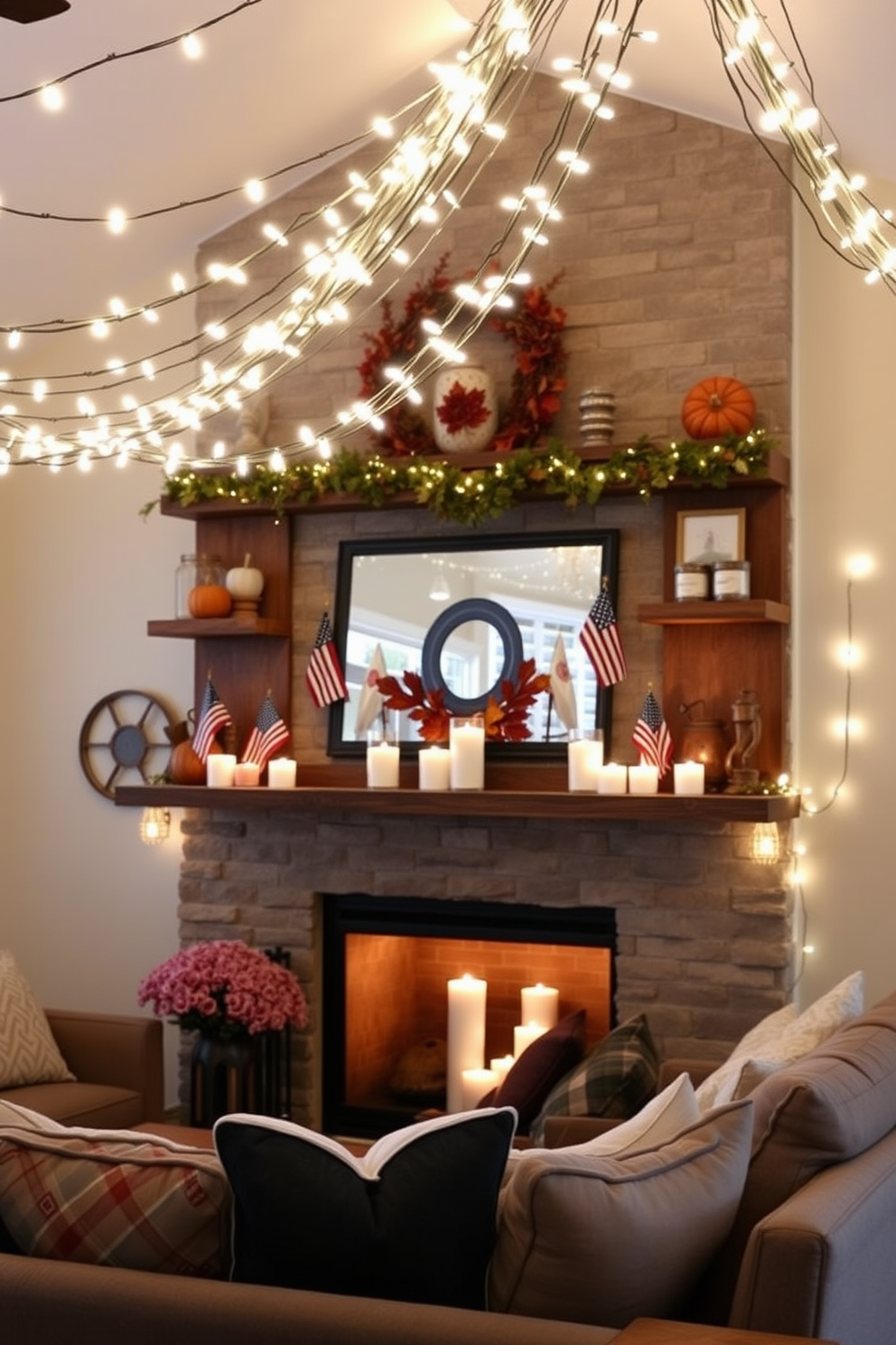 A cozy living room adorned with string lights draped elegantly across the ceiling creating a warm and inviting glow. The fireplace, framed by rustic wooden shelves, features seasonal decorations that celebrate Labor Day, including small American flags and autumn leaves. The mantel is adorned with a mix of candles and decorative pumpkins in earthy tones. Plush seating is arranged in a semi-circle around the fireplace, inviting family and friends to gather and enjoy the festive atmosphere.