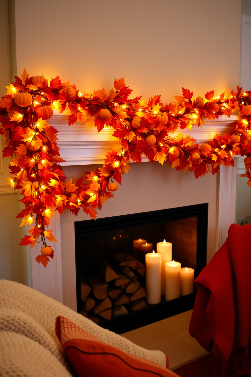 A vibrant fall garland cascades elegantly along the mantel, showcasing an array of rich autumn colors like deep oranges, golden yellows, and rustic reds. The garland is adorned with small decorative pumpkins and twinkling fairy lights, creating a warm and inviting atmosphere for the Labor Day celebration. The fireplace beneath the mantel is styled with cozy elements, including a stack of firewood and a few seasonal candles in varying heights. Plush blankets in autumn hues are draped over the nearby seating, inviting guests to gather around and enjoy the festive ambiance.