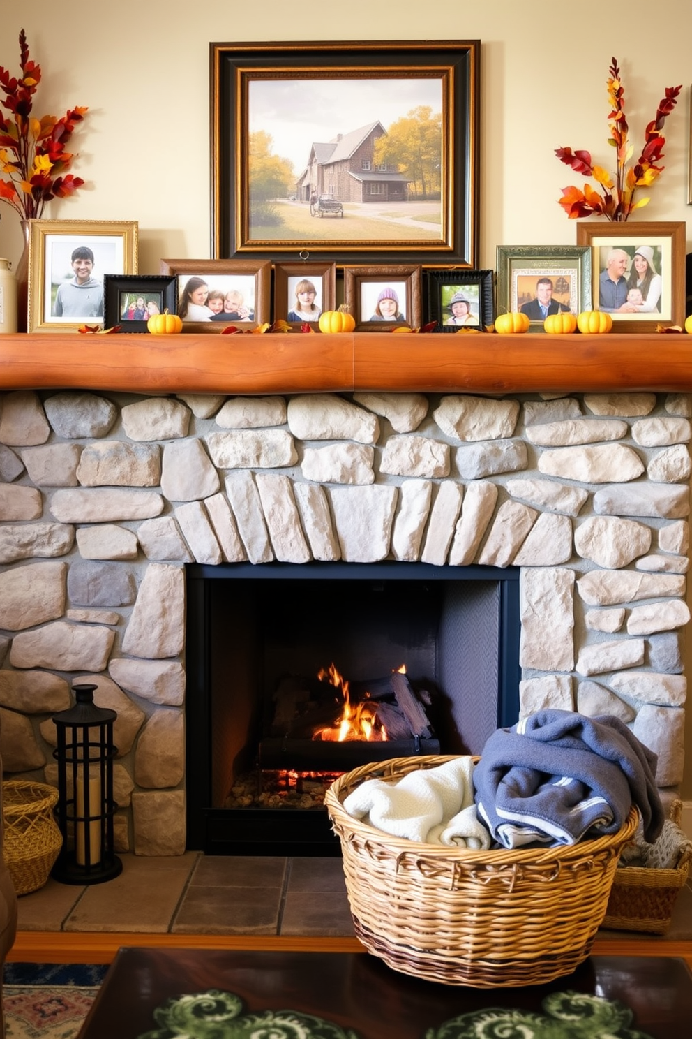 A cozy living room setting with a warm fireplace as the focal point. The mantel is adorned with framed family photos in autumn frames, surrounded by seasonal decorations like small pumpkins and colorful leaves. The fireplace features a rustic stone surround, with a crackling fire casting a soft glow. On the hearth, a woven basket holds cozy blankets, inviting family gatherings during the Labor Day weekend.