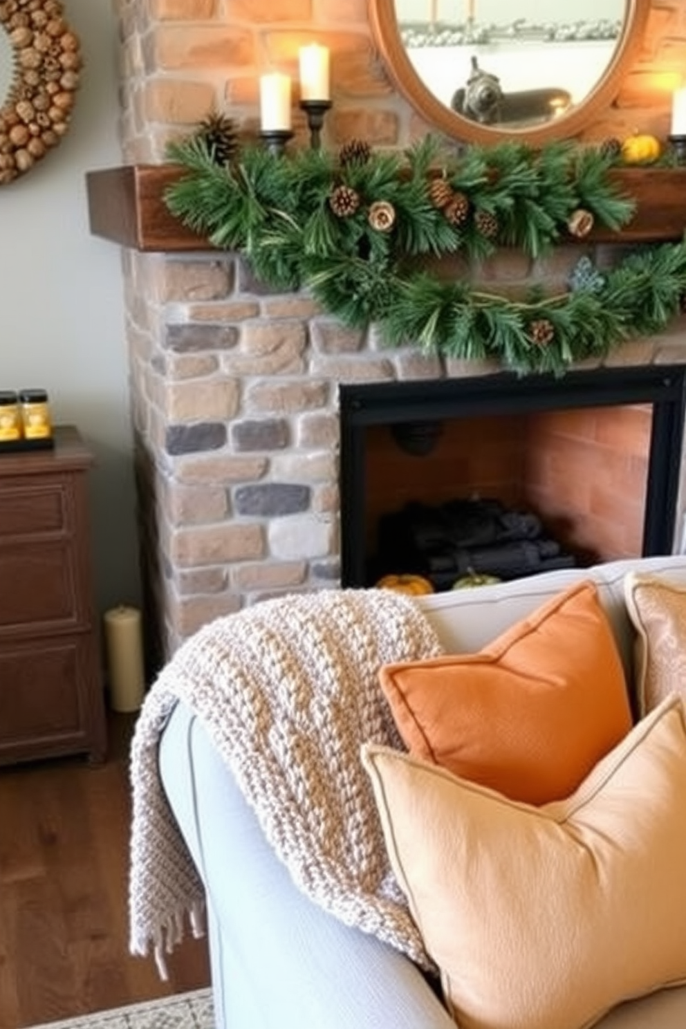 A cozy living room setting featuring a rustic fireplace adorned with natural elements like pinecones and acorns. The mantel is decorated with a garland made of greenery, and a few small pumpkins are placed on the hearth for a festive touch. Plush blankets and warm-toned pillows are arranged on a comfortable sofa, inviting relaxation. Soft lighting from candles enhances the warm atmosphere, creating a welcoming space for Labor Day gatherings.