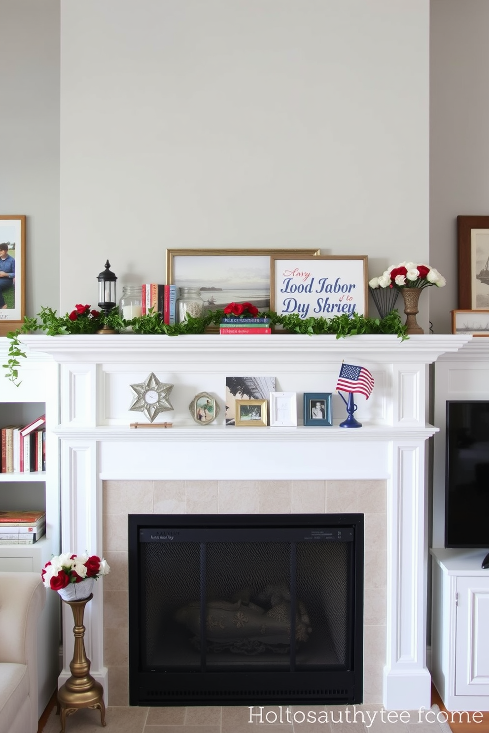 A cozy living room with a beautifully styled mantel showcasing seasonal books. The mantel is adorned with small decorative items and a festive Labor Day theme, featuring red, white, and blue accents.