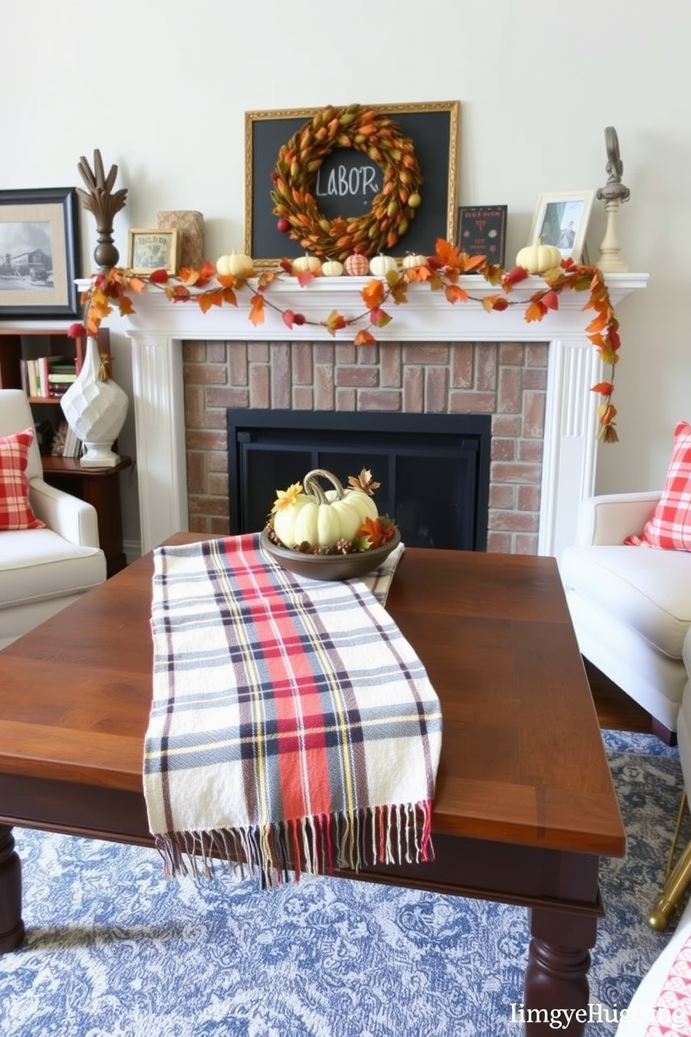 A cozy living room setting featuring a plaid table runner elegantly draped across the mantel. The fireplace is adorned with seasonal decorations, including small pumpkins and autumn leaves, creating a warm and inviting atmosphere for Labor Day celebrations.